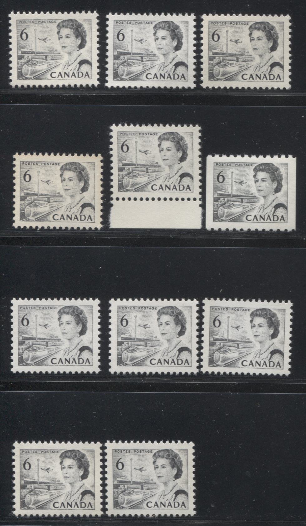 Lot 116 Canada #460-460pi 6c Black Queen Elizabeth II, 1967-1973 Centennial Issue, Eleven VFNH W2B Tagged & Untagged Singles On Various DF and LF Papers With Dex Gum, Die 1