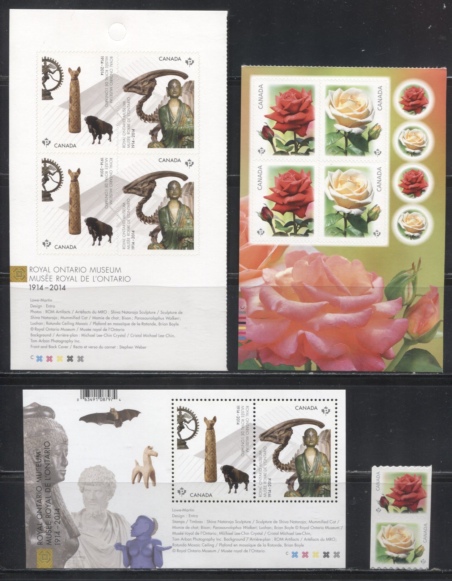 Lot 117 Canada #2724-2726, 2728-2731 2014 Royal Ontario Museum & Roses Issue, VFNH Souvenir Sheets, A Coil Pair and Booklet Panes of 4 on LF TRC Paper
