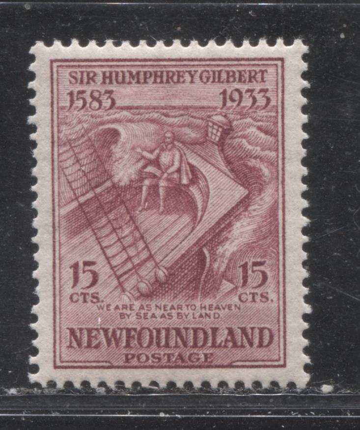 Lot 117 Newfoundland # 222i 15c  Claret Gilbert on the Squirrel, 1933 Sir Humphrey Gilbert Issue, A VFOG Example, Comb Perf. 13.6 x 13.5