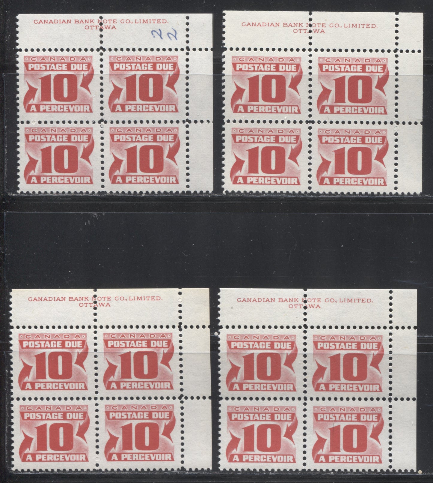 Lot 119 Canada #J35i 10c Carmine Rose 1973-1977, 3rd Centennial Postage Due Issue, Four F/VFNH UR Inscription Blocks Of 4 On DF, LF & MF Bluish White, Ivory & Bluish Smooth Papers With PVA Gum, Perf 12, Including Unlisted Horizontal Ribbed Paper
