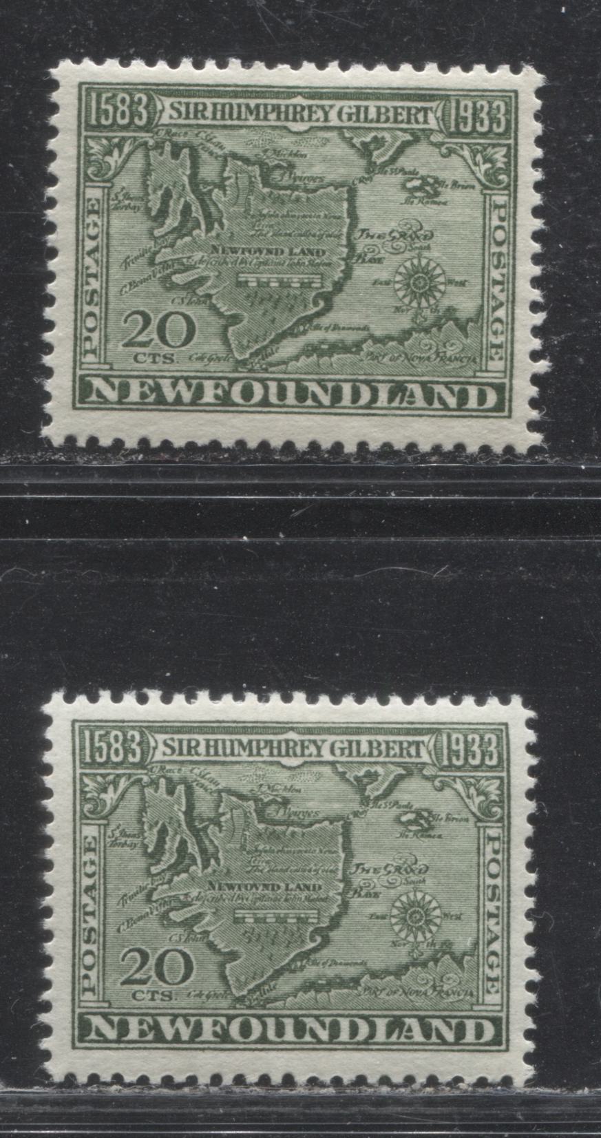 Lot 119 Newfoundland # 223 20c Bronze Green Map of Newfoundland, 1933 Sir Humphrey Gilbert Issue, Two VFOG Examples, Comb Perf. 13.4 x 13.6 and 13.5 x 13.6
