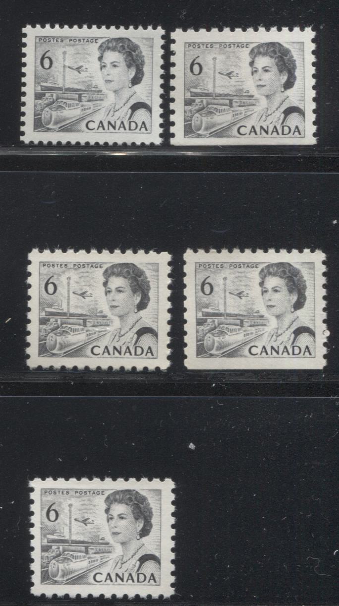 Lot 120 Canada #460bs,g,gi 6c Black Queen Elizabeth II, 1967-1973 Centennial Issue, Five VFNH Booklet Singles On DF & NF Papers With Dex Gum, Die 1, Perfs 10 & 12.5 x 12