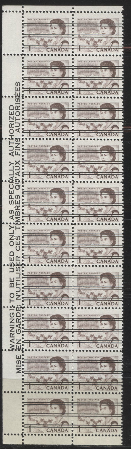 Lot #12 Canada #454xx 1c Violet Brown, Northern Lights and Dogsled Team, 1967-1973 Centennial Issue, A VFNH Precancelled Warning Strip of 20 From the Left Side of the Pane, DF Greyish White Paper, Smooth Dextrine Gum and Perf. 11.9
