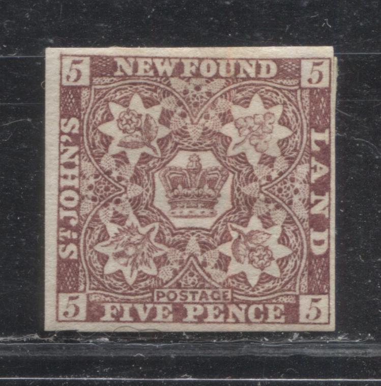 Lot 12 Newfoundland #5 5d Brown Violet Crown and Heraldic Flowers, 1857-1860 Pence Issue, A Very Fine OG Imperforate Single on Thick Soft Wove Paper With Clear Mesh