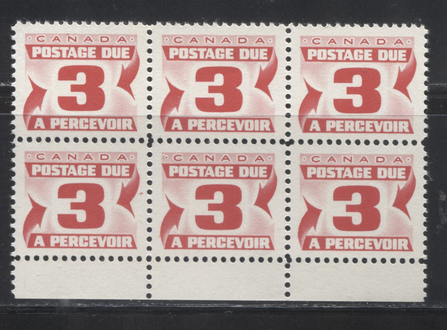 Lot 12 Canada #J23-i 3c Carmine Red 1967 1st Centennial Postage Due Issue, A VFNH Bottom Margin Inscription Block Of 6 On DF Grayish White Paper With Smooth Dex Gum, Perf 12, Burr To Right Of Arrow On LR Stamp