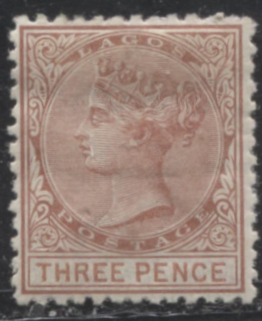 Lot 121 Lagos SG#3 3d Red Brown Queen Victoria 1874-1876 Perf. 12.5 Crown CC Keyplate Issue, A VFOG Example, 15,780 Issued, SG Cat. 130 GBP = Approximately $221 For Fine OG, Est. $175