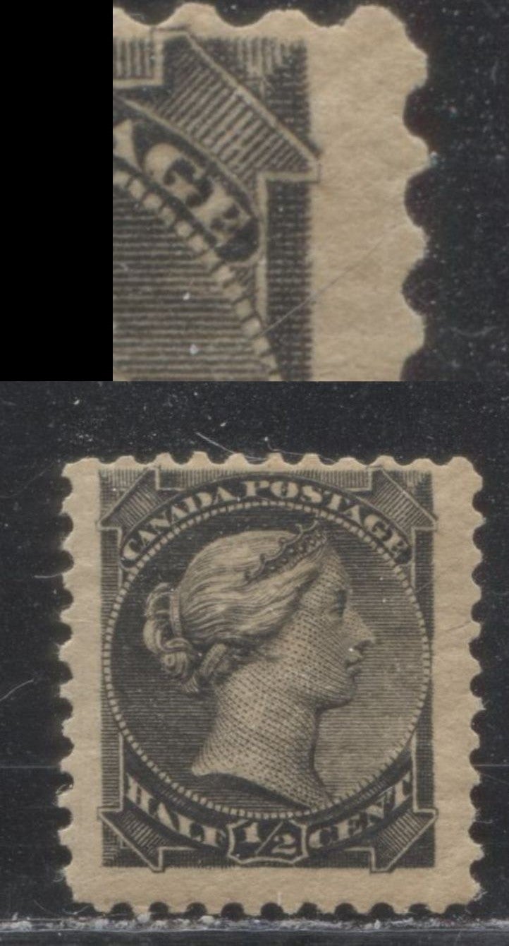 Lot 121 Canada #34 1/2c Black Queen Victoria, 1882-1897 Small Queen Issue, A Fine NH Single On Horizontal Newsprint-Like Wove Paper From The Second Ottawa Printing, Perf 12 x 12.1, Minor Re-entry Of UR Corner