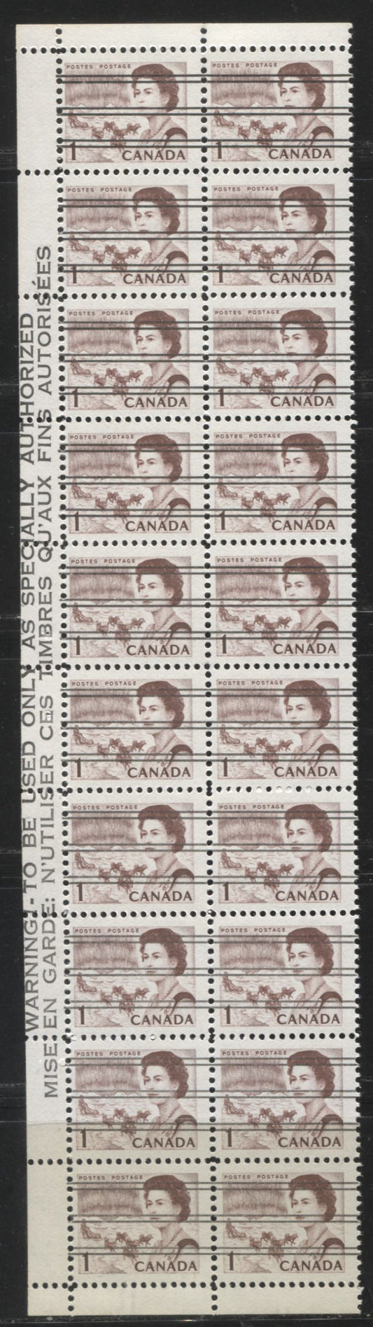Lot #124 Canada #454xxi 1c Reddish Brown, Northern Lights and Dogsled Team, 1967-1973 Centennial Issue, A Fine NH Precancelled Warning Strip of 20 From the Left Side of the Pane, LF-fl Paper and Perf. 11.85