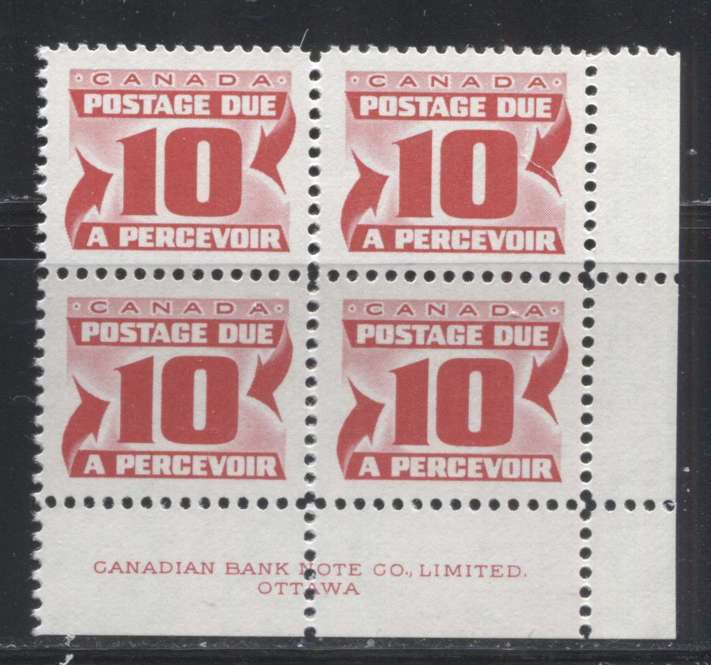 Lot 124 Canada #J35ivar 10c Carmine Rose 1973-1977, 3rd Centennial Postage Due Issue, A VFNH LR Inscription Block Of 4 On MF Ivory Smooth Speckled Paper With PVA Gum, Perf 12