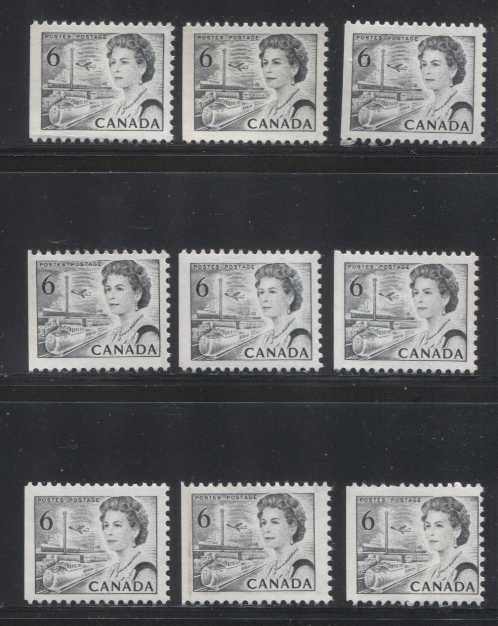 Lot 124 Canada #460cpx-cpxviii 6c Black Queen Elizabeth II, 1967-1973 Centennial Issue, Nine FNH/VFNH Tagged Booklet Singles On Various Fluorescent Papers With PVA Gum, Die 2, Perf 12.5 x 12