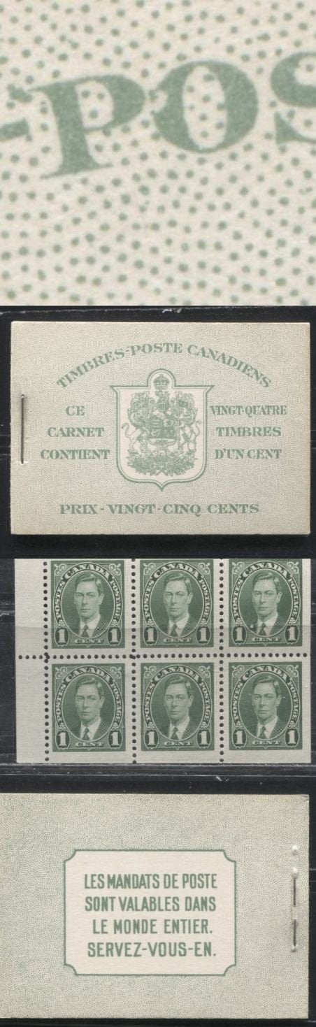 Lot 125 Canada #BK28bFIIk 1c Green King George VI 1937-1942 Mufti Issue, A VFNH Complete French Booklet Containing 4 Panes of 6, Cover type IIj, No Rate Page, Ribbed Panes, Flaw on "PO" of "Poste" and "E" of "Carnet"