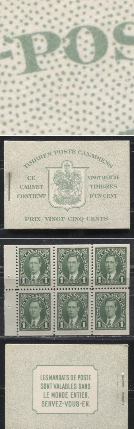 Lot 126 Canada #BK28bFIIk 1c Green King George VI 1937-1942 Mufti Issue, A VFNH Complete French Booklet Containing 4 Panes of 6, Cover type IIk, No Rate Page, Ribbed Panes