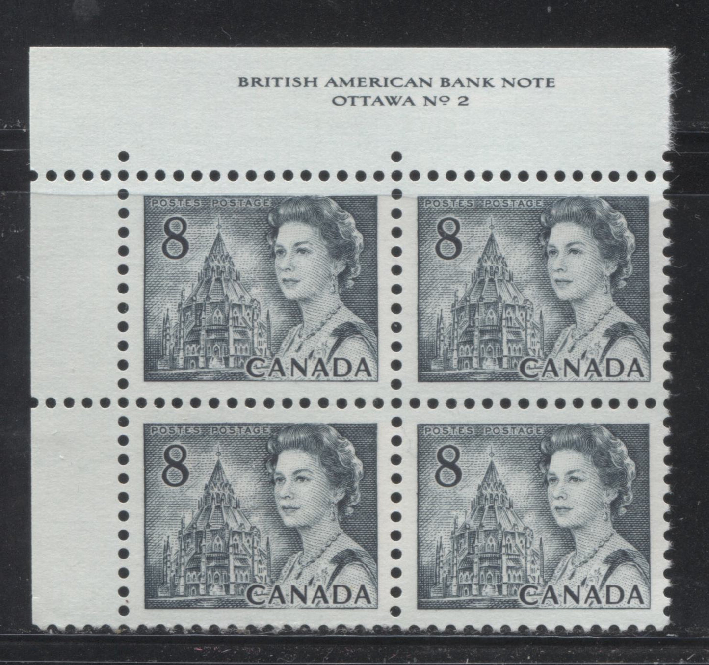 Lot 126 Canada #544v 8c Slate Queen Elizabeth II, 1967-1973 Centennial Issue, A VFNH UL Plate 2 Block Of 4 On DF Grayish White Smooth Paper With Dex Gum