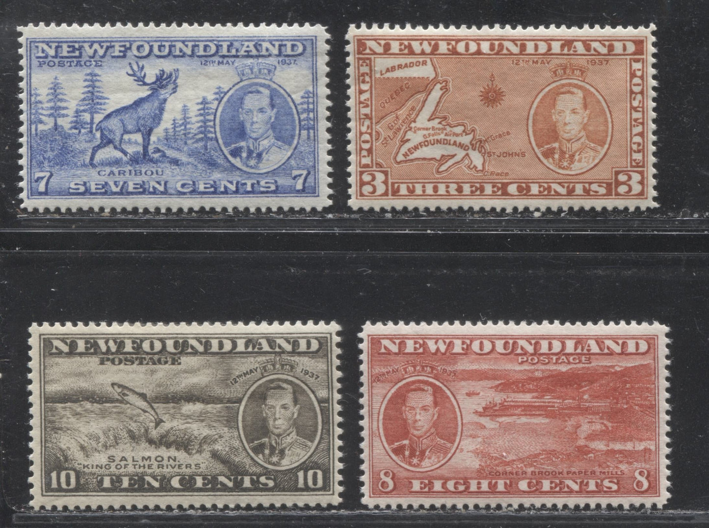 Lot 126 Newfoundland # 234-236, 237b 3c - 10c Orange Brown - Agate King George VI & Map of Newfoundland - King George VI & Salmon Leaping Falls, 1937 Long Coronation Issue, Four VFNH Examples, Various Line and Comb Perfs