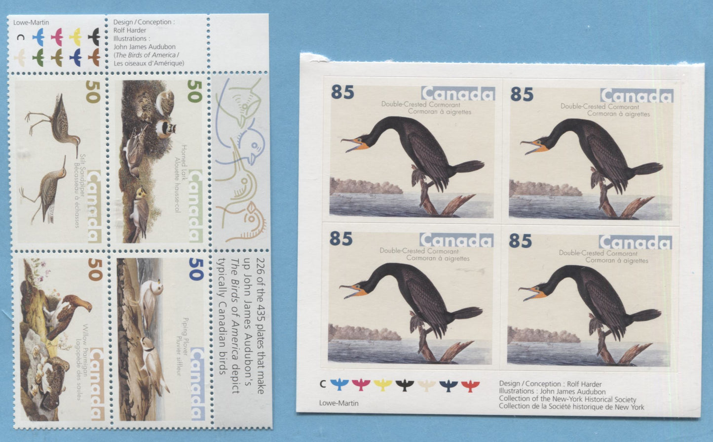 Lot 126 Canada #2095-2099 50c - 85c Multicoloured 2005 Audubon Issue, A VFNH Booklet Pane of 4 and UL Inscription Block