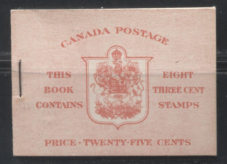 Lot 256 Canada #BK34c (McCann #34g) 1942-1949 War Issue, Complete 25¢ English Booklet, 2 Panes of 3c Carmine-Red, Smooth Vertical Wove Paper, Harris Front Cover Type IIe, Back Cover Type A, 12 mm Staple, No Rate Page