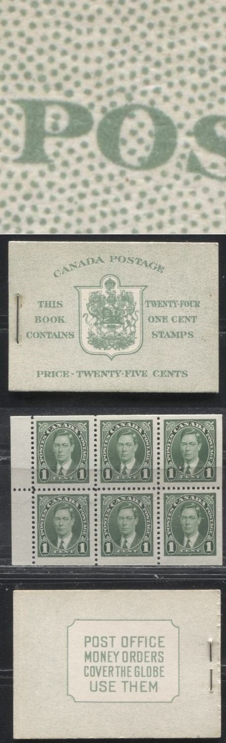 Lot 222 Canada #BK28cEIIb 1c Green King George VI 1937-1942 Mufti Issue, A VFNH Complete English Booklet Containing 4 Panes of 6, Cover type IIb, 6c Airmail Rate Page, Smooth Panes