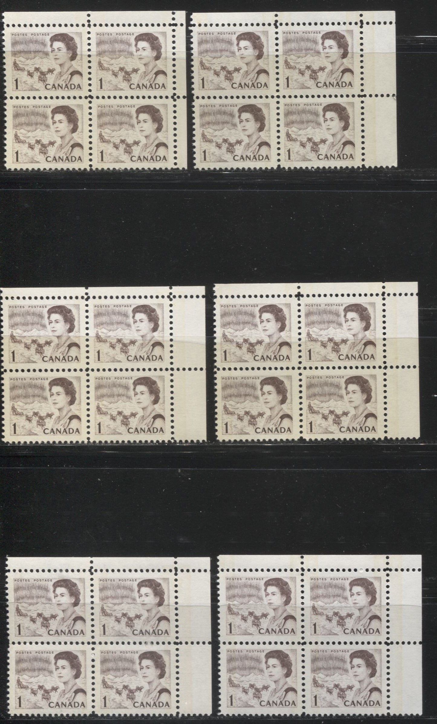Lot #127 Canada #454p 1c Violet Brown, Northern Lights and Dogsled Team, 1967-1973 Centennial Issue, A Specialized Lot of 6 W2B Upper Right Corner Blocks on Different DF Papers, With Different Gums, From Different Panes
