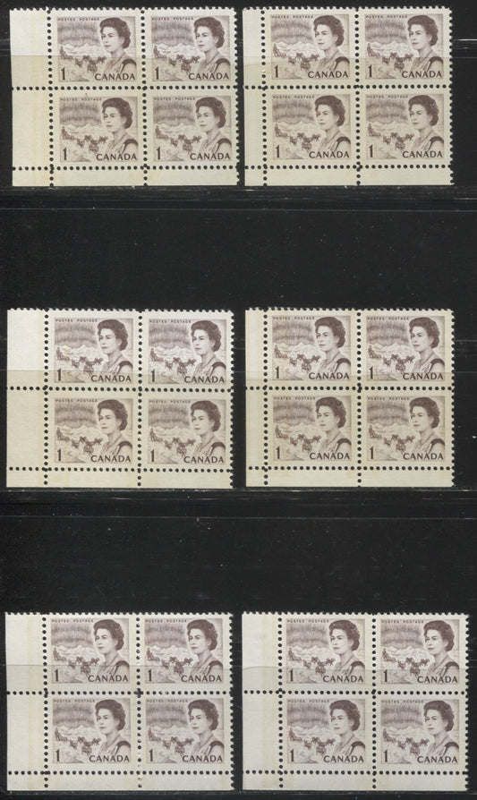 Lot #128 Canada #454p 1c Brown & Violet Brown, Northern Lights and Dogsled Team, 1967-1973 Centennial Issue, A Specialized Lot of 6 W2B Lower Left Corner Blocks on Different DF Papers, With Different Gums, From Different Panes