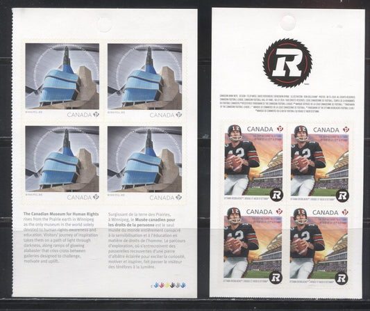 Lot 128 Canada #2755, 2771 2014 Ottawa Redblacks and Canadian Museum of Human Rights, VFNH Booklet Panes of 4 on LF TRC Paper