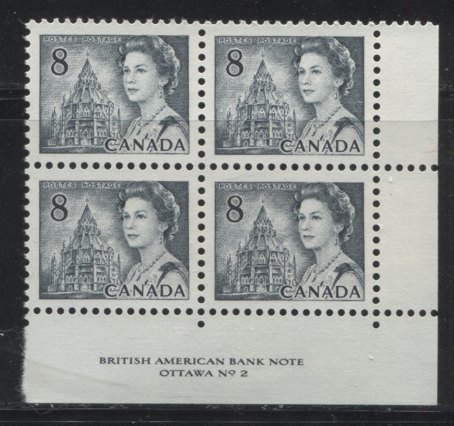 Lot 128 Canada #544v 8c Slate Queen Elizabeth II, 1967-1973 Centennial Issue, A VFNH LR Plate 2 Block Of 4 On DF Grayish White Smooth Paper With Dex Gum