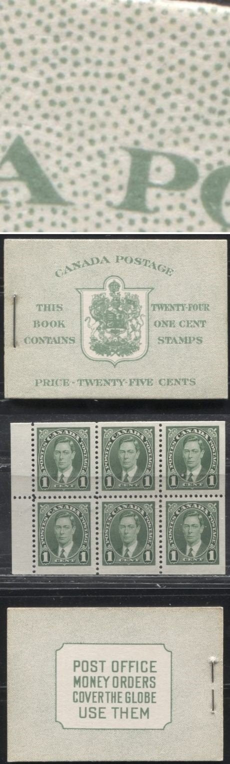 Lot 221A Canada #BK28cEIIa 1c Green King George VI 1937-1942 Mufti Issue, A VFNH Complete English Booklet Containing 4 Panes of 6, Cover type IIa, 6c Airmail Rate Page, Smooth Panes