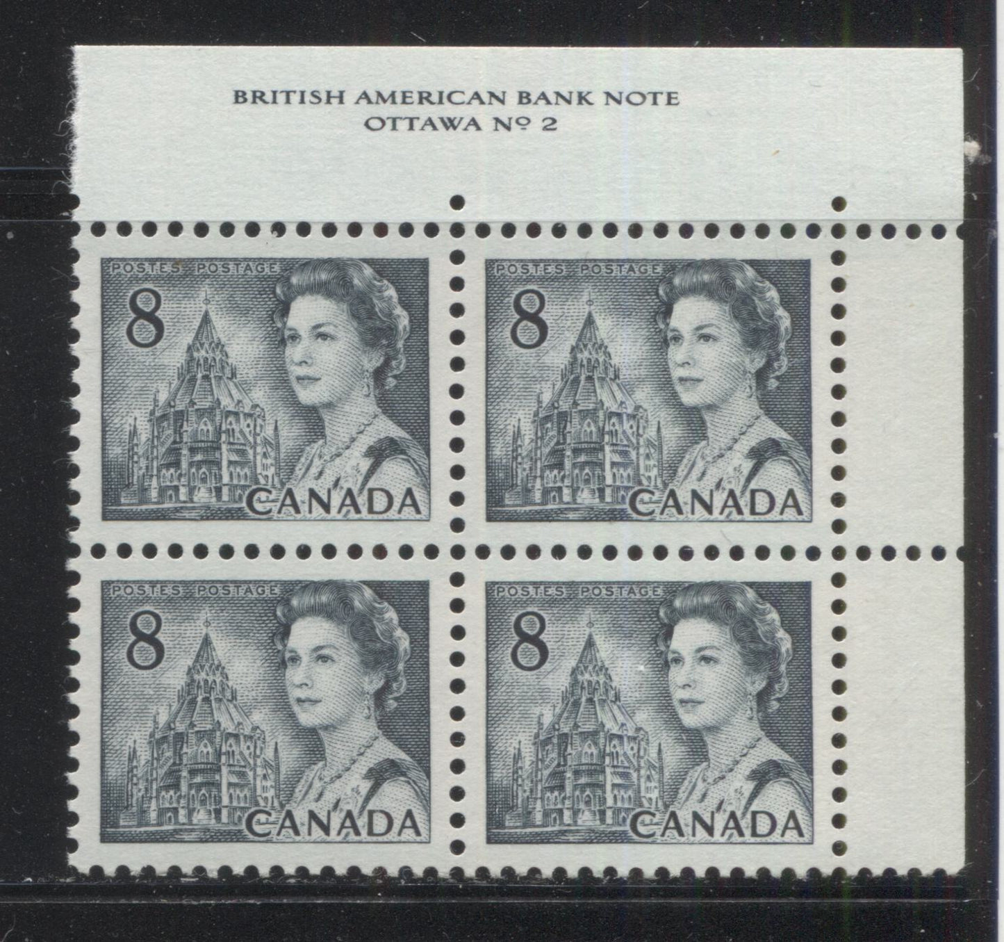 Lot 129 Canada #544v 8c Slate Queen Elizabeth II, 1967-1973 Centennial Issue, A VFNH UR Plate 2 Block Of 4 On DF Grayish White Smooth Paper With Dex Gum