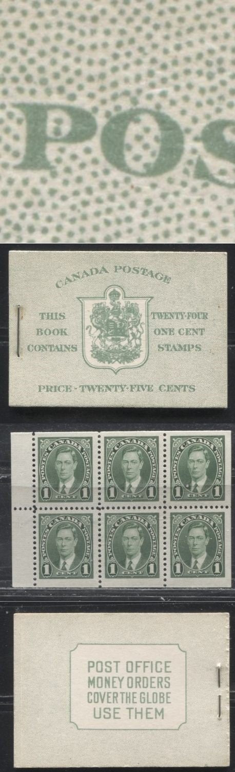 Lot 200 Canada #BK28c 1937-1942 Mufti Issue, Complete 25¢ English Booklet, Rate Page Showing 6¢ Airmail Rate, 17 mm Staple, Vertical Wove Paper, Type 2 Covers, Harris Back Cover Type A, Front Cover Type IIb