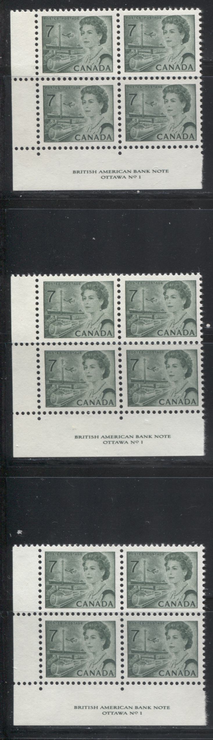 Lot 130 Canada #543 7c Deep Emerald Green Queen Elizabeth II, 1967-1973 Centennial Issue, Three VFNH LL Plate 1 Blocks of 4 On NF & DF Grayish & Ivory Paper With Dex Gum, Perf 12.5 x 12