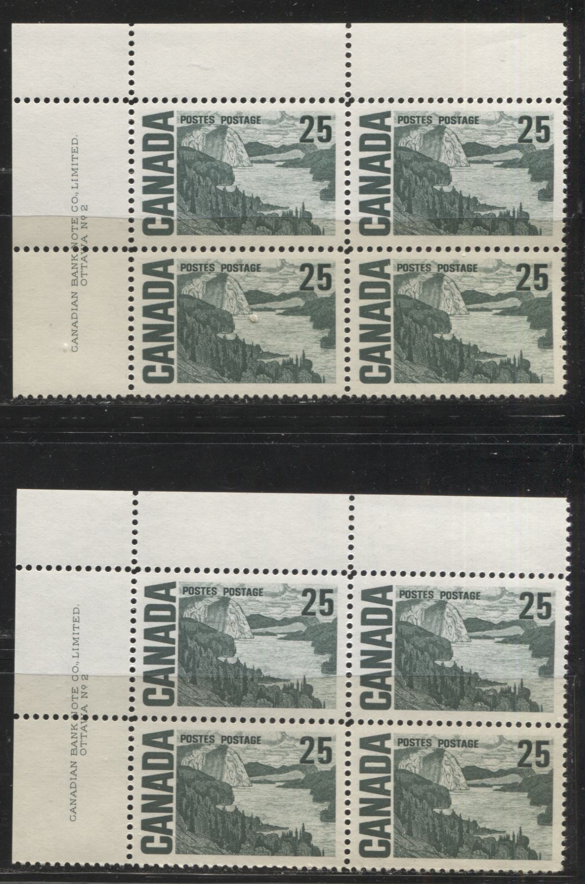 Lot 13 Canada #465 25c Bluish Slate Green Solemn Land, 1967-1973 Centennial Definitive Issue, Two VFNH UL Plate 2 Blocks of 4 On DF Grayish And Grayish White Horizontal And Vertical Wove Papers With Streaky And Smooth Dex Gum