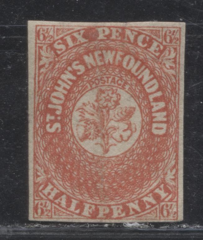 Lot 13 Newfoundland #7 6.5d Scarlet Vermillion Crown and Heraldic Flowers, 1857-1860 Pence Issue, A VF Appearing But VG Unused Imperforate Single, Very Rare and Seldom Offered