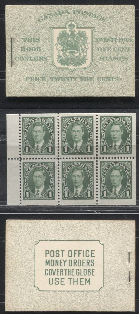 Lot 223 Canada #BK28eE 1c Green King George VI 1937-1942 Mufti Issue, A VFNH Complete English Booklet Containing 4 Panes of 6, Cover type III, No Rate Page, Smooth Panes