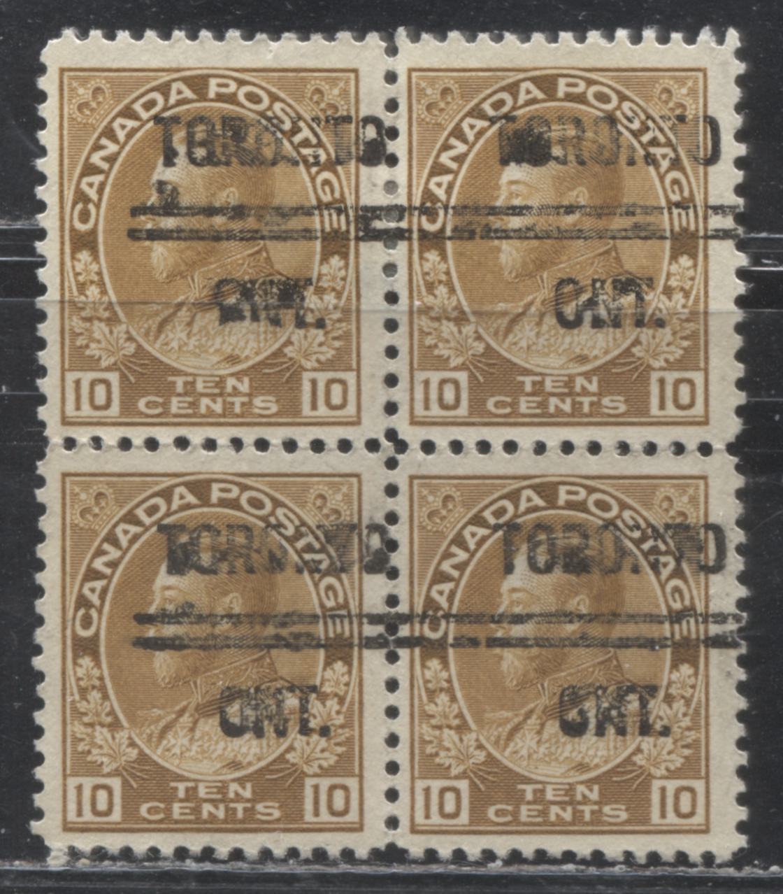 Lot 131 Canada #118bxx 10c Yellow Brown King George V, 1911-1924 Admiral Issue, A Fine Precanceled Block Of 4, Dry Printing, Toronto Style 11 With Unlisted Varieties