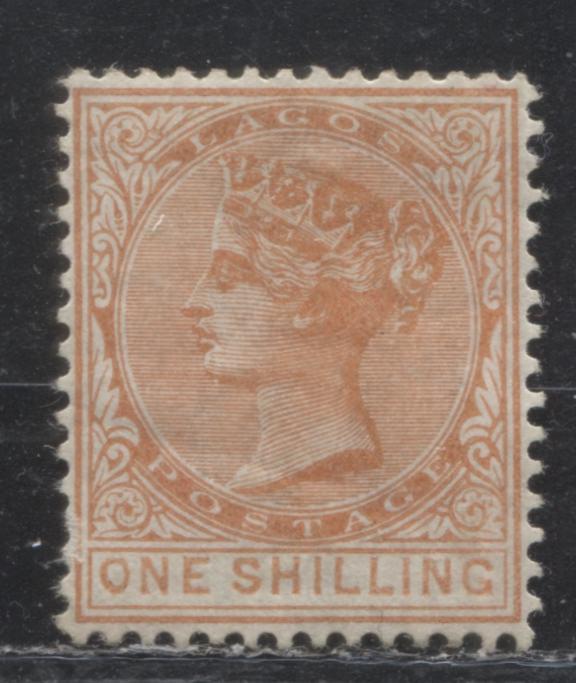 Lot 131 Lagos SG#16 1/- Red Orange Queen Victoria 1876-1880 Perf. 14 Crown CC Keyplate Issue, A Fine OG Example, 5,760 Issued, SG Cat. 950 GBP = Approximately $1615 For Fine OG, Est. $700