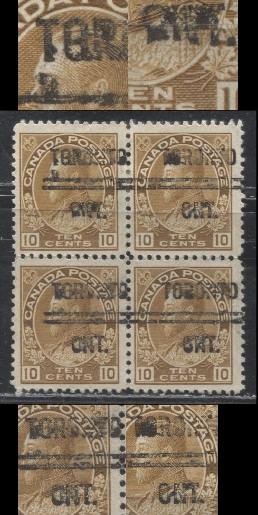 Lot 131 Canada #118bxx 10c Yellow Brown King George V, 1911-1924 Admiral Issue, A Fine Precanceled Block Of 4, Dry Printing, Toronto Style 11 With Unlisted Varieties