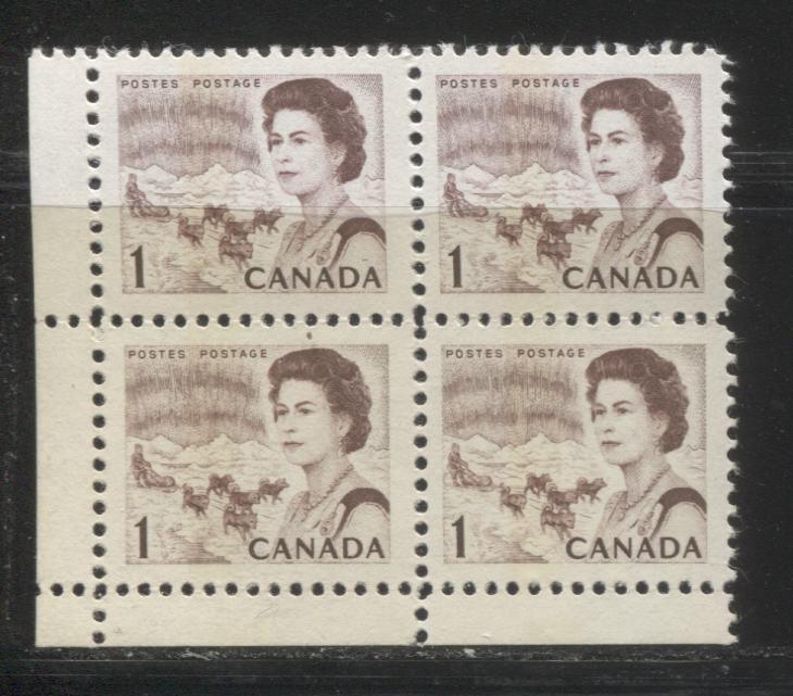 Lot #133 Canada #454pii 1c Reddish Chocolate, Northern Lights and Dogsled Team, 1967-1973 Centennial Issue, A VFNH LL Corner Block on HB Paper, 12 on Freeman-Irwin Scale, Winnipeg Centre Bar Tag, Mottled Satin Dex Gum, Ribbed on Back