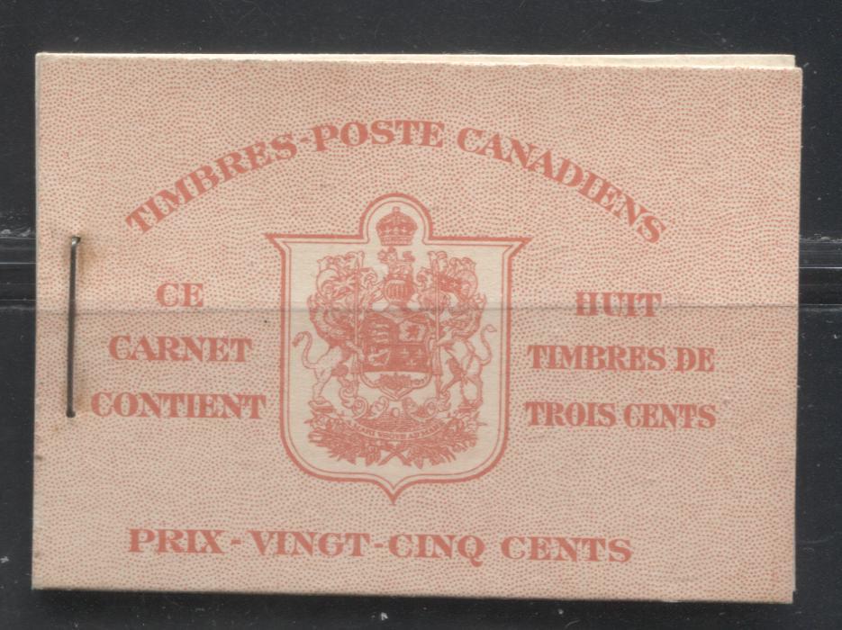 Lot 263 Canada #BK34d 1942-1949 War Issue, Complete 25¢ French Booklet, 2 Panes of 3c Carmine-Red, Smooth Vertical Wove Paper, Harris Front Cover Type IIo, Back Cover Type B, Surcharged 6c Airmail Rate Page