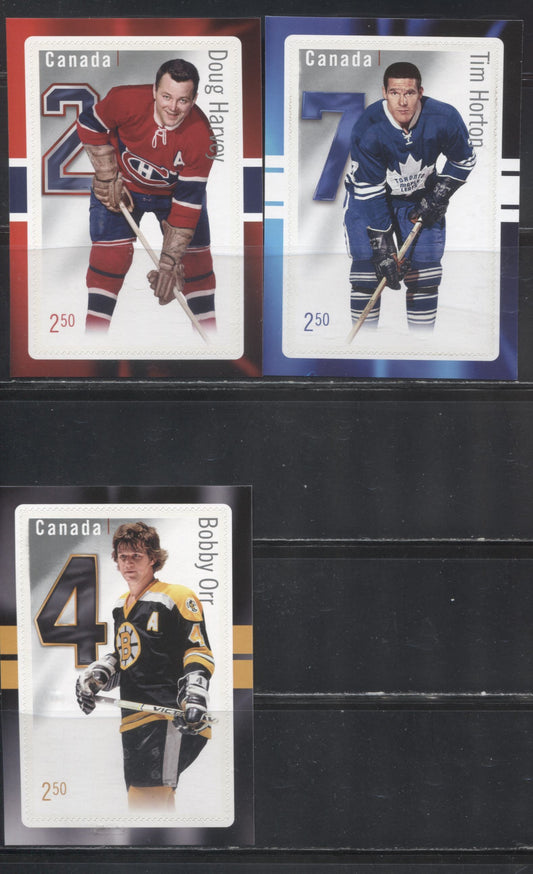 Lot 134 Canada #2788-2790 2014 The Original Six Issue, VFNH Examples of the $2.50 Hockey Card Stamps for Tim Horton, Doug Harvey and Bobby Orr, on LF TRC Paper
