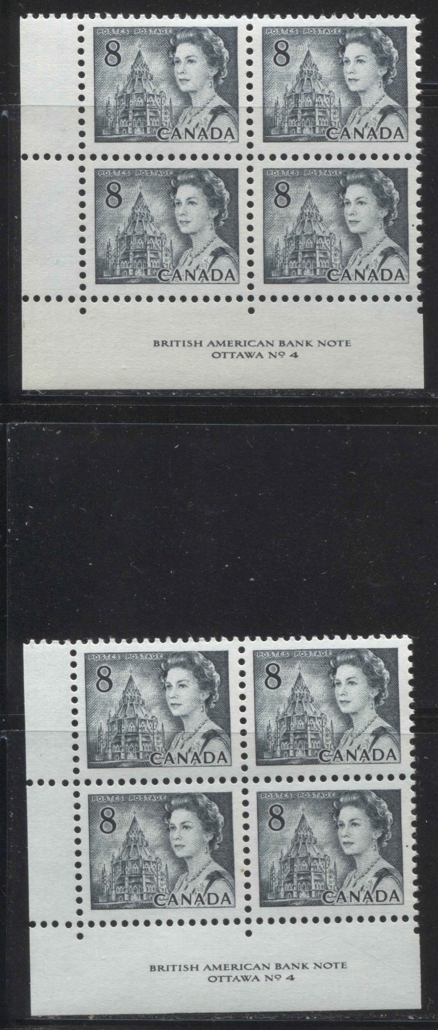 Lot 135 Canada #544ii 8c Slate Queen Elizabeth II, 1967-1973 Centennial Issue, Two VFNH LL Plate 4 Blocks Of 4 On LF Grayish White & Violet On Back, Ribbed Papers With PVA Gums