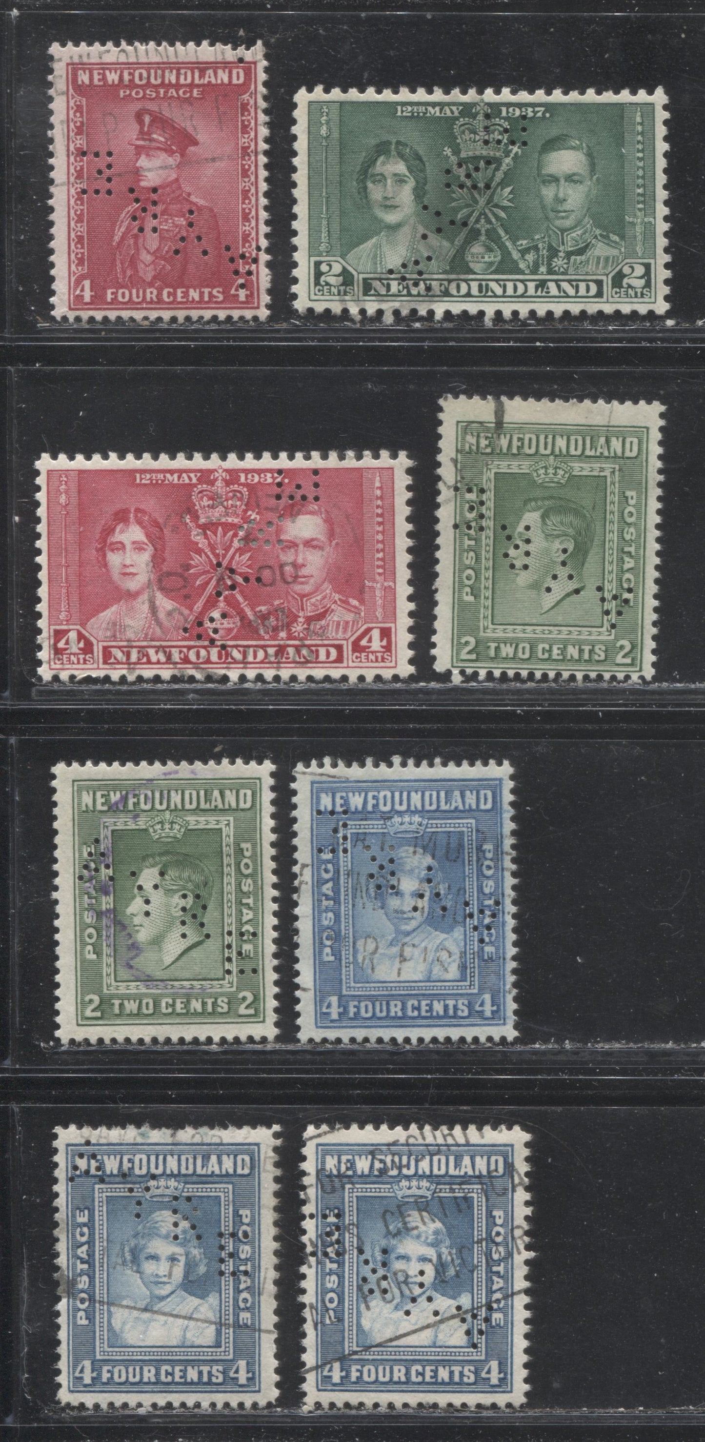 Lot 135 Newfoundland # 189/256 2c - 4c Green - Light Blue King George VI - Princess Elizabeth, 1932-1949  First & Second Resources Issue, Eight Fine Used and VF Used Examples, All With Ayre Perfins