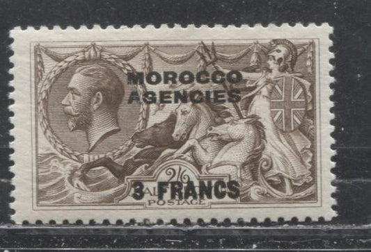 Lot 136 Morocco Agencies - French Currency SG#200 3fr Deep Sepia Brown King George V and Britannia, 1922-1932 Overprinted Bradbury Wilkinson Sea Horse High Value Issue, A VFNH Example
