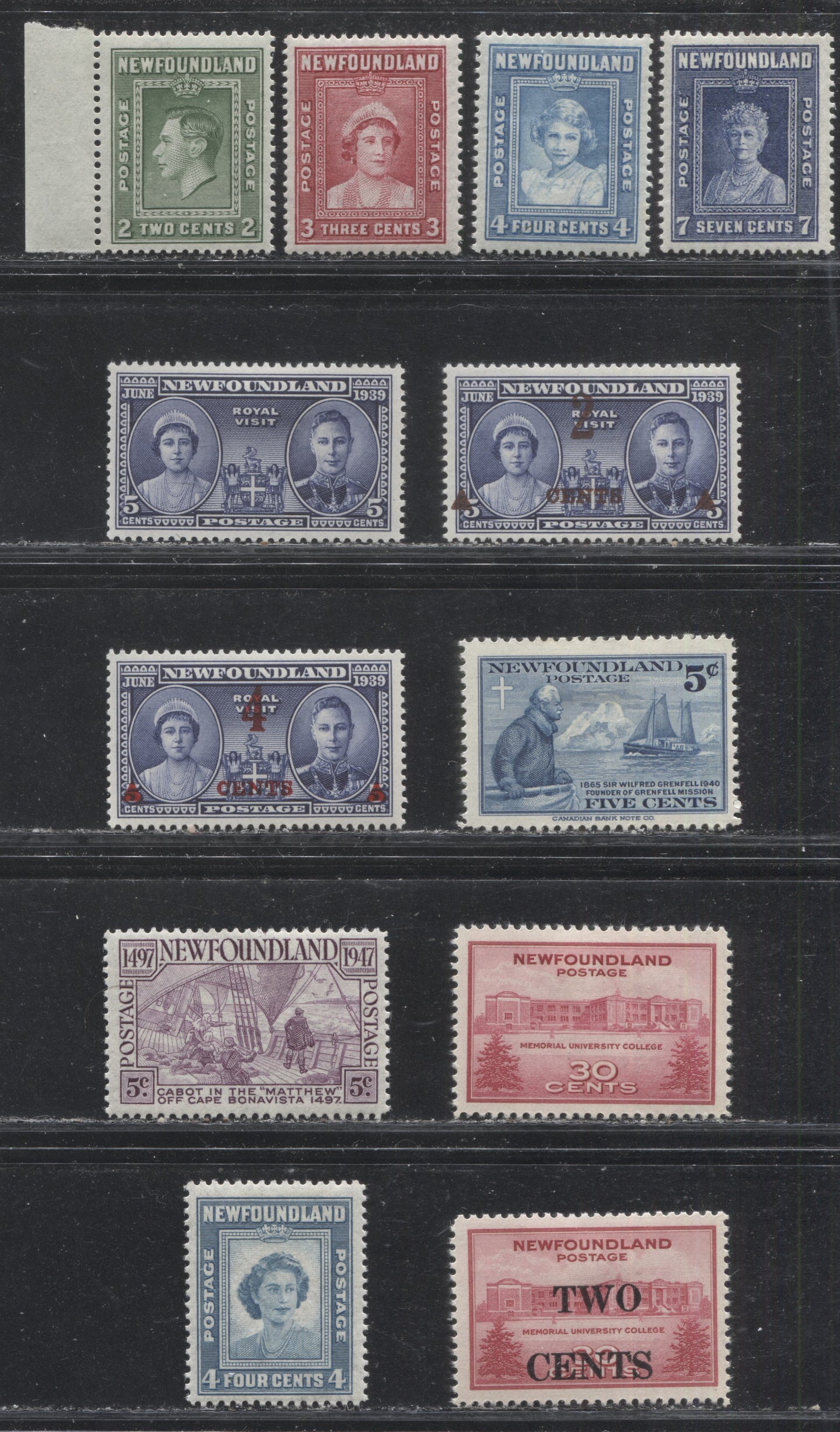 Lot 136 Newfoundland # 245-252, 267-270 2c - 30c Green - Carmine Rose King George VI - Cabot on the Matthew, 1938 Royal Family - 1949 Cabot Issue, Seven VFOG Complete Sets