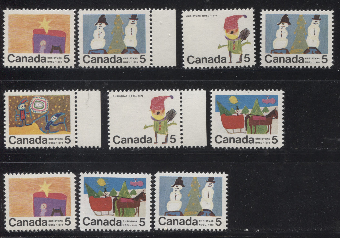 Lot 136 Canada #519/523 5c Multicoloured 1970 Christmas Issue, A Complete Set of 10 Constant Plate Varieties From Combination 7, Smooth HB11 Paper, Perf. 11.9