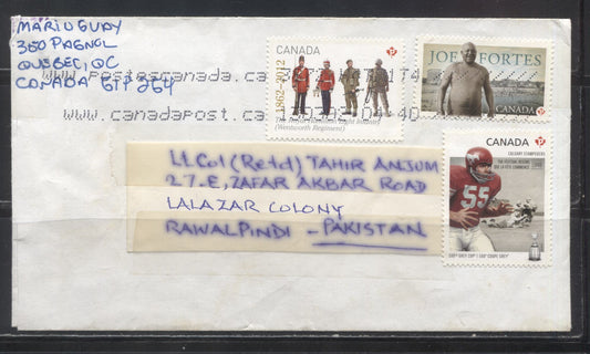 Lot 136 Canada #2571, 2579, 2620 2012 Calgary Stampeders, Regiments and 2013 Joe Fortes Issue, Combination Usage on 2013 Airmail Cover to Pakistan