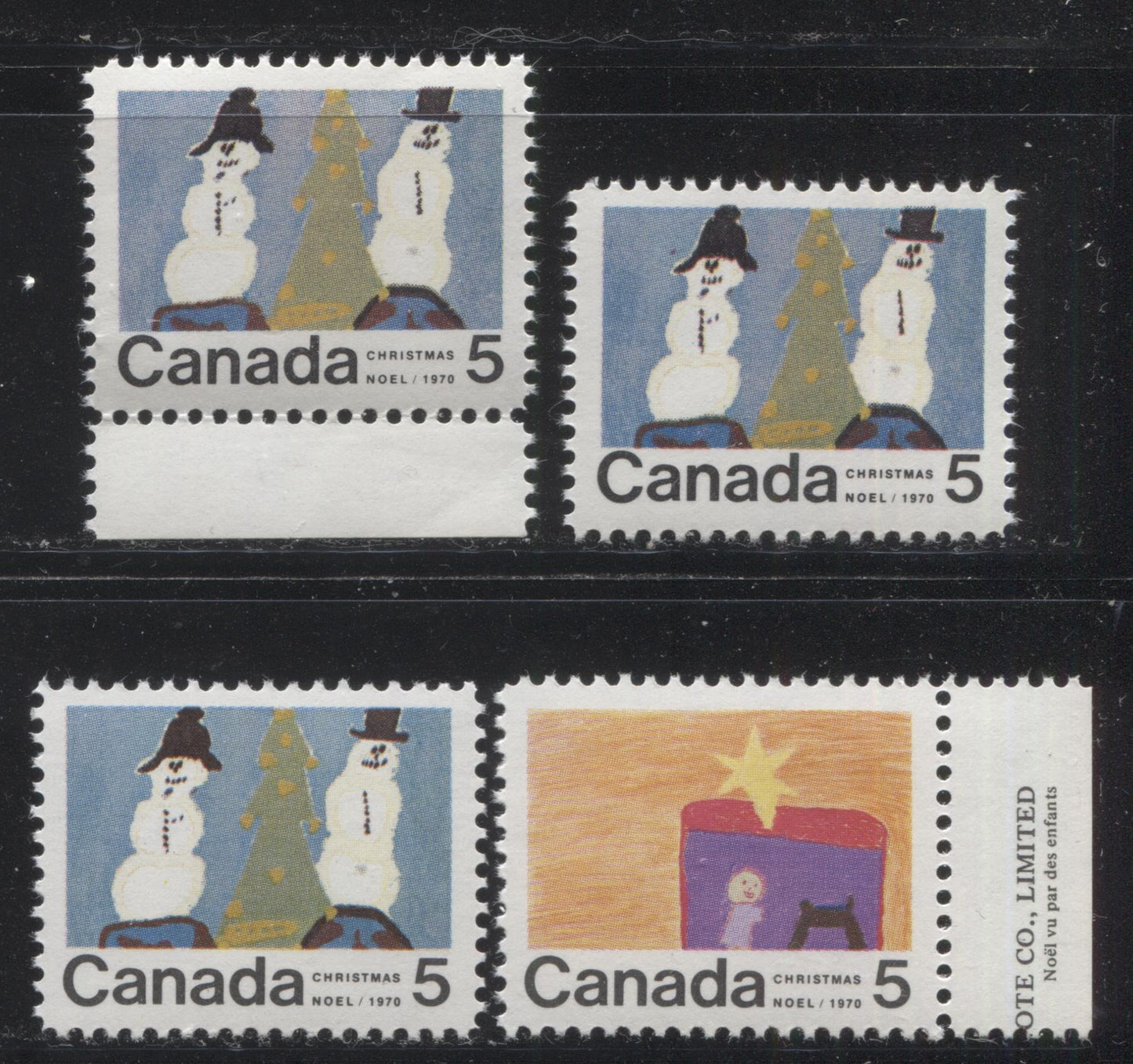 Lot 137 Canada #521, 523 5c Multicoloured 1970 Christmas Issue, A Complete Set of 4 Unique Constant Plate Varieties From Combinations 8 and 10, Smooth HB11 Paper, Perf. 11.9