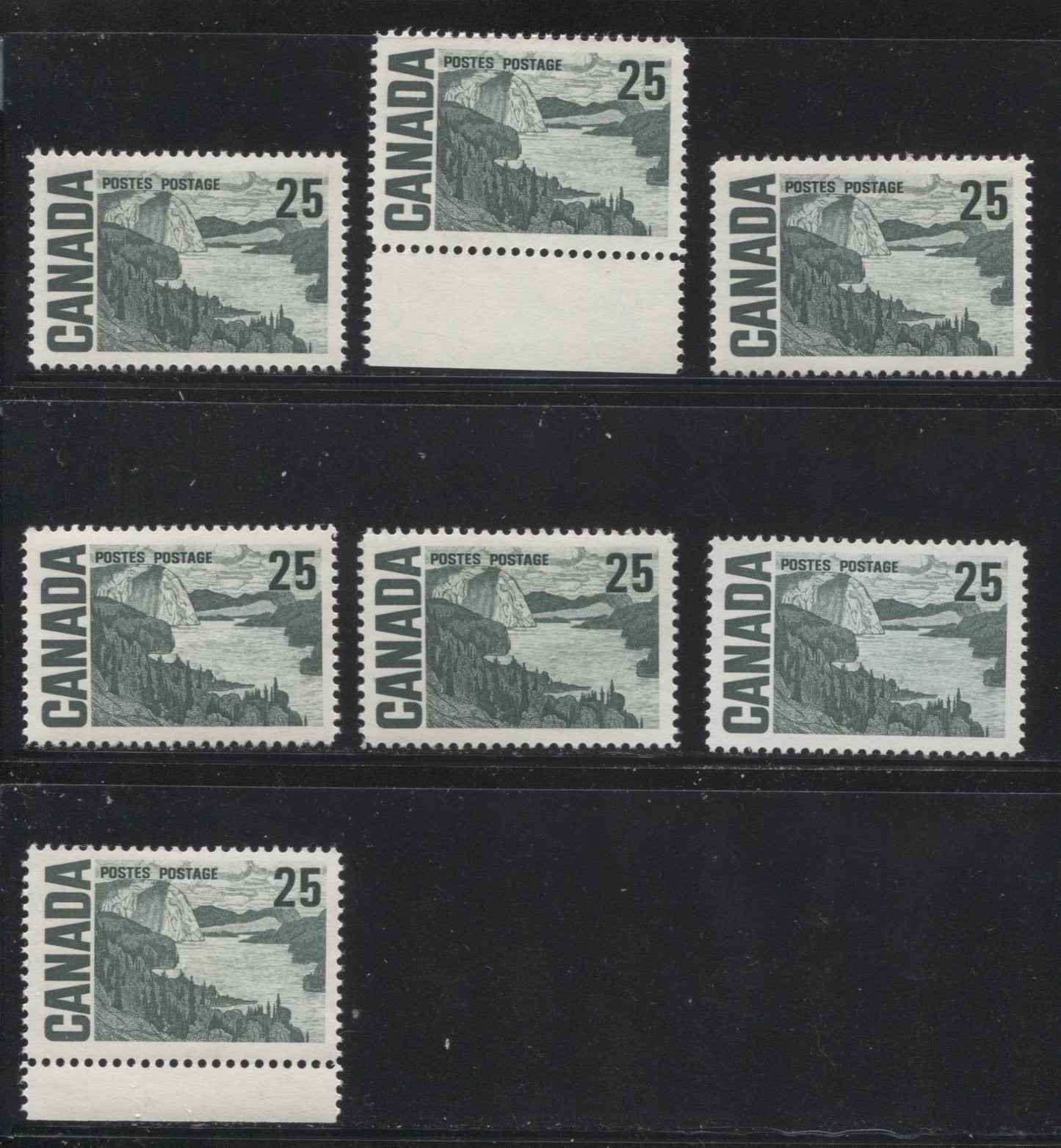 Lot 138 Canada #465i 25c Slate Green, Bluish Slate Green & Pale Bluish Slate Green Solemn Land, 1967-1973 Centennial Definitive Issue, Seven VFNH Singles On Various NF & Dead Horizontal & Vertical Wove Papers With Satin, Smooth & Streaky Dex Gum