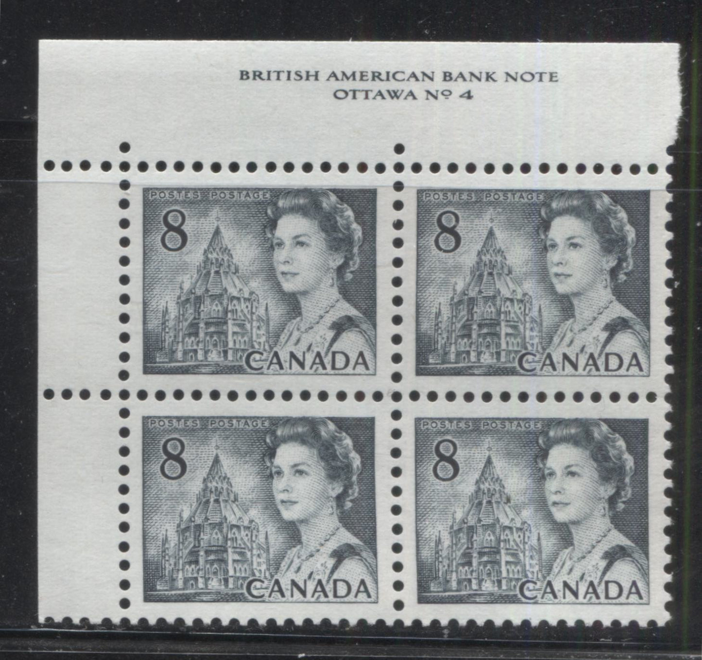 Lot 138 Canada #544ii 8c Slate Queen Elizabeth II, 1967-1973 Centennial Issue, A VFNH UL Plate 4 Block Of 4 On LF Violet On Back, Ribbed Paper With PVA Gum