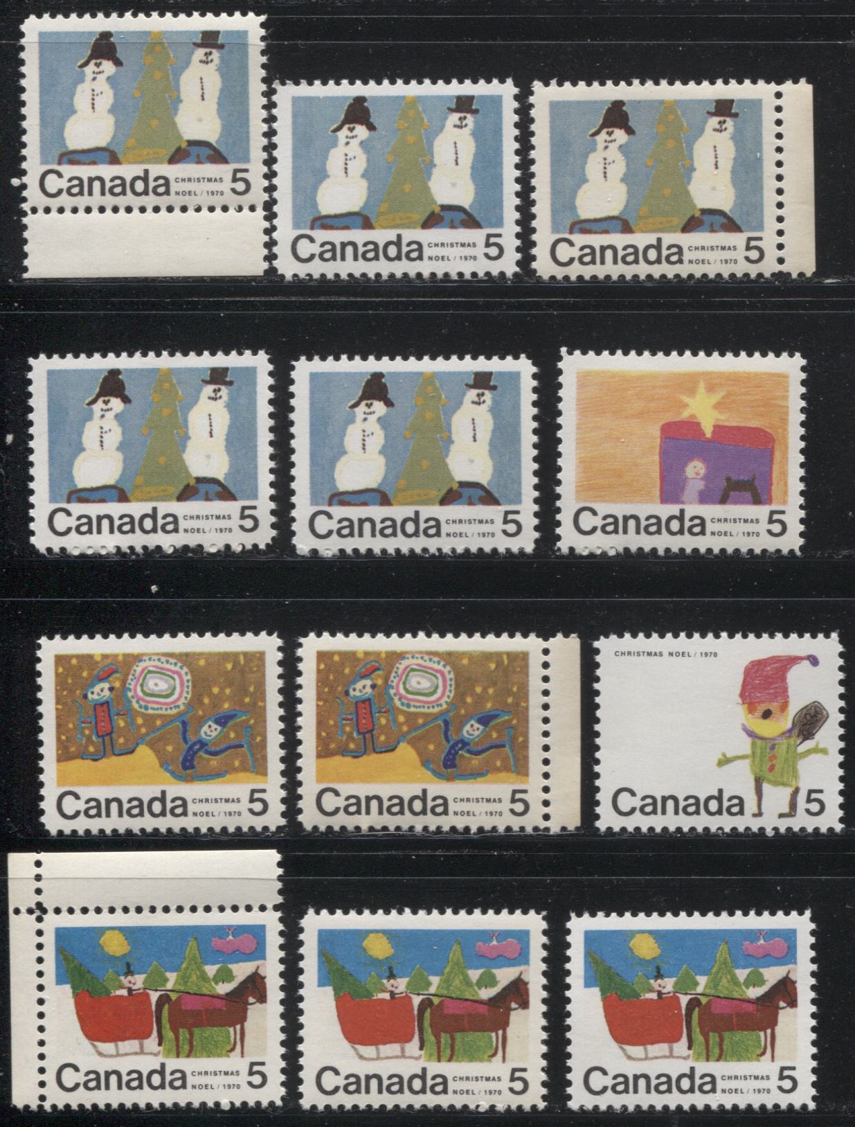 Lot 138 Canada #519-523 5c Multicoloured 1970 Christmas Issue, A Complete Set of 12 Constant Plate Varieties From Combination 5, Smooth HB12 Paper, Perf. 11.9