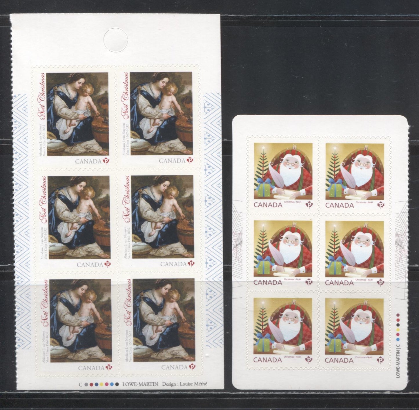 Lot 138A Canada #2797, 2798 2014 Christmas Issue, VFNH Booklet Panes of 6 of the "P" Stamps on LF TRC Paper
