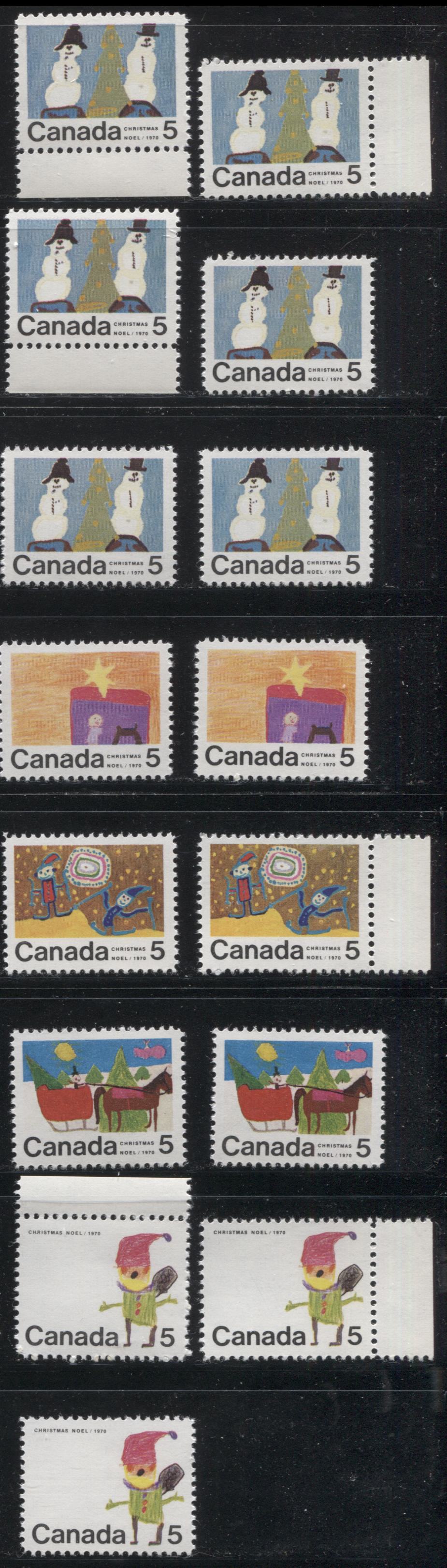 Lot 139 Canada #519-523 5c Multicoloured 1970 Christmas Issue, A Complete Set of 15 Constant Plate Varieties From Combination 3, Ribbed HB11 Paper, Perf. 11.9